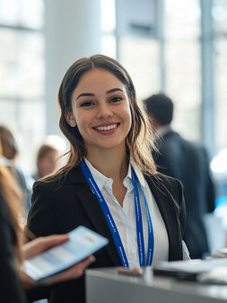 Conference hostess assisting attendees during a Los Angeles networking event, providing guest hospitality, speaker support, and professional front-of-house staffing for business conferences in LA