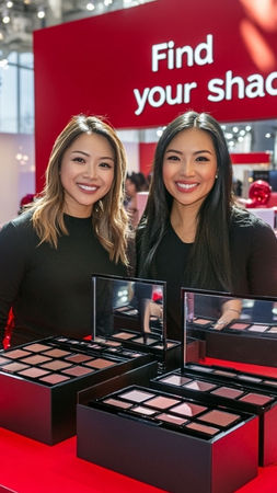 Brand ambassadors showcasing cosmetic products during a San Francisco retail launch event, supporting attendee engagement, product education, and customer interaction at a high-traffic promotional activation inside a convention venue.