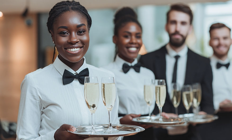 Premium Los Angeles hospitality staff providing tray-passed champagne service at an executive dinner and corporate reception. Professional event servers for private events, fundraising galas, luxury hospitality, and corporate hospitality staffing in Los Angeles.