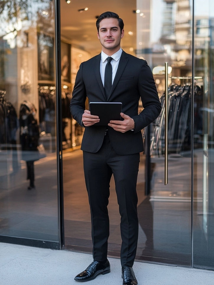 Los Angeles doorman providing guest services and arrival coordination outside a luxury event venue. Equipped with event information and hospitality resources, the entrance professional assists attendees with wayfinding, access support, and VIP guest arrivals while maintaining a polished and welcoming atmosphere.