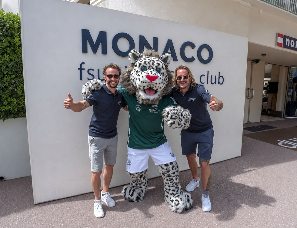 Professional snow leopard mascot performer posing with event guests at a sports venue, showing how mascot performers create fan interaction, photo opportunities, and crowd engagement for sporting events, branded activations, corporate events, and promotional appearances in Los Angeles.