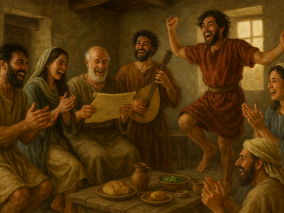 Igreja primitiva louvando com alegria e fazendo refeições juntos