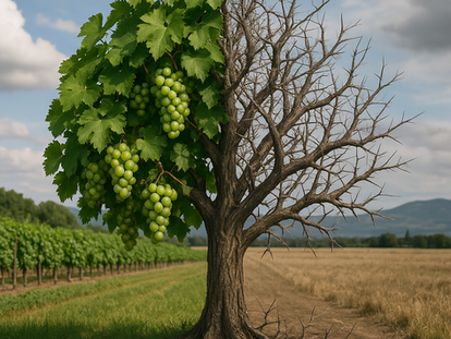 Uma árvore de um lado uma videira cheia de uvas e do outro um espinheiro seco cheio de espinhos.