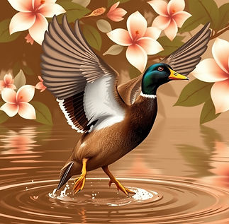 a samoan duck flying to land in a lake of water in shades of brown, frangipani and hibiscu