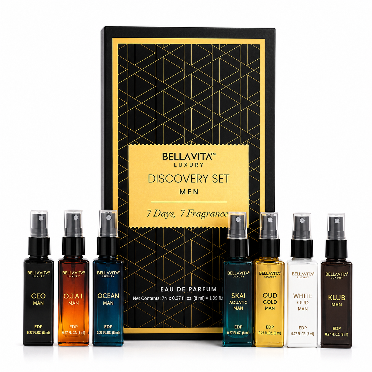 BELLAVITA LUXURY(M)7PC MINI SET(6x8ml edp)(G.O.A.T,KLUB,GOLD&WHITE OUD,CEO MAN,O
