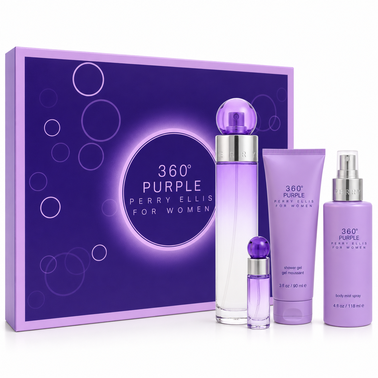 360 PURPLE(W)(H/B)(LI FREE)4PC SET(3.4oz edp sp,4oz body mist,3.0oz shower gel,7