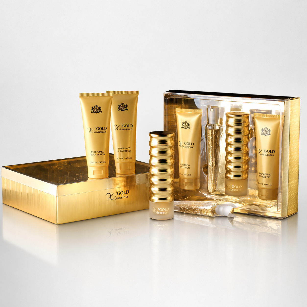 NEW BRAND GOLD(W)(W/B)4PC SET(3.3oz edp sp(LI FREE),4.3oz S/G,4.3oz B/L,15ml edp