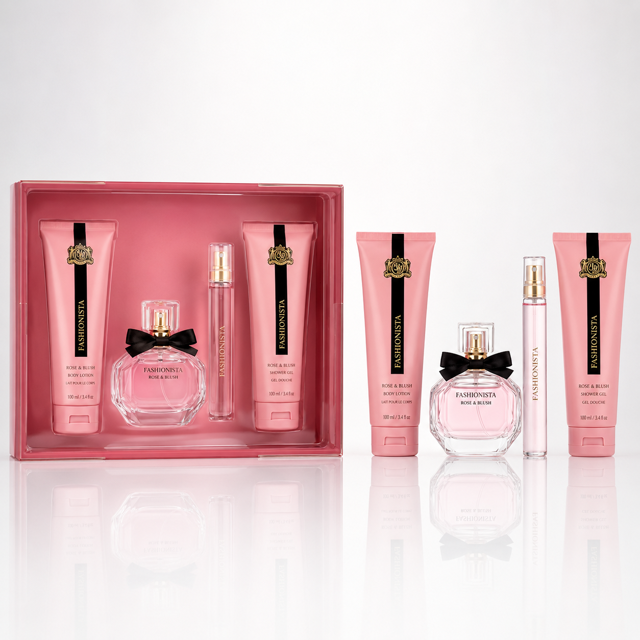 NEW BRAND PRESTIGE FASHIONISTA(W)(W/B)(LI FREE)4PC SET(3.3oz edp sp,4.4oz S/G,4.