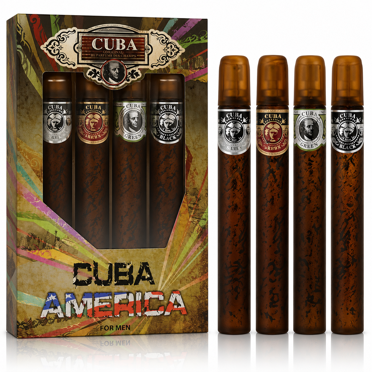 CUBA AMERICA(M)(W/B)(LI FREE)4PC SET(4 X 1.17)1.17oz edt spray(Black, Green, Bro
