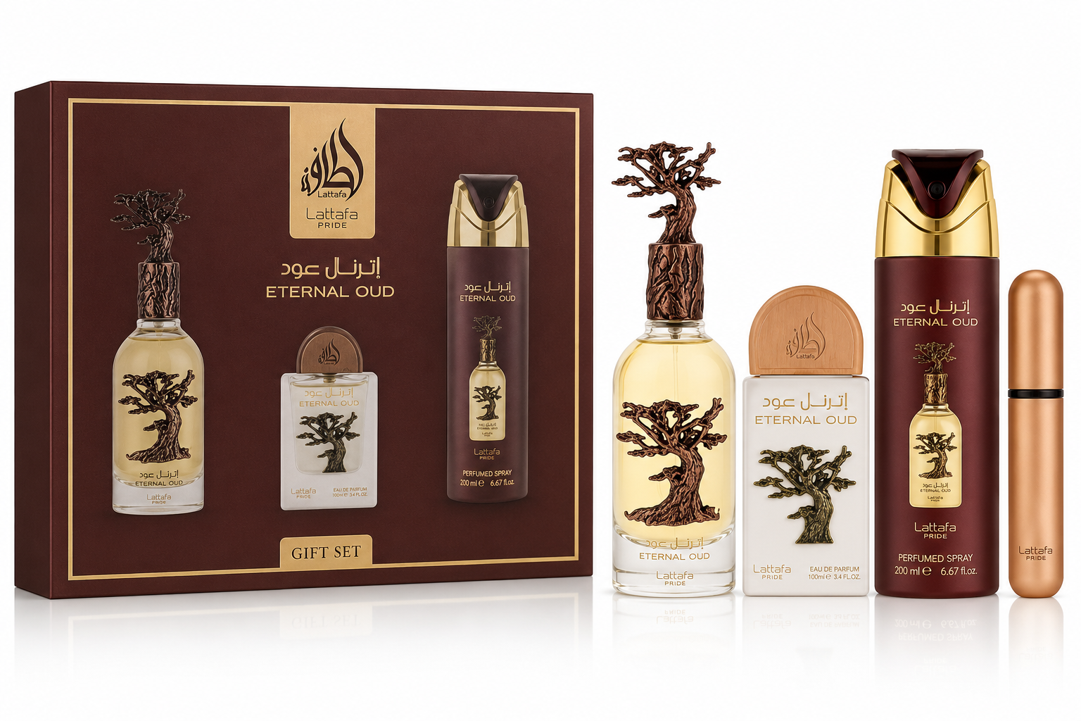 LATTAFA PRIDE ETERNAL OUD(M)(H/B)3PC SET(3.4oz edp sp,6.67oz Perfumed B/S,20ml e
