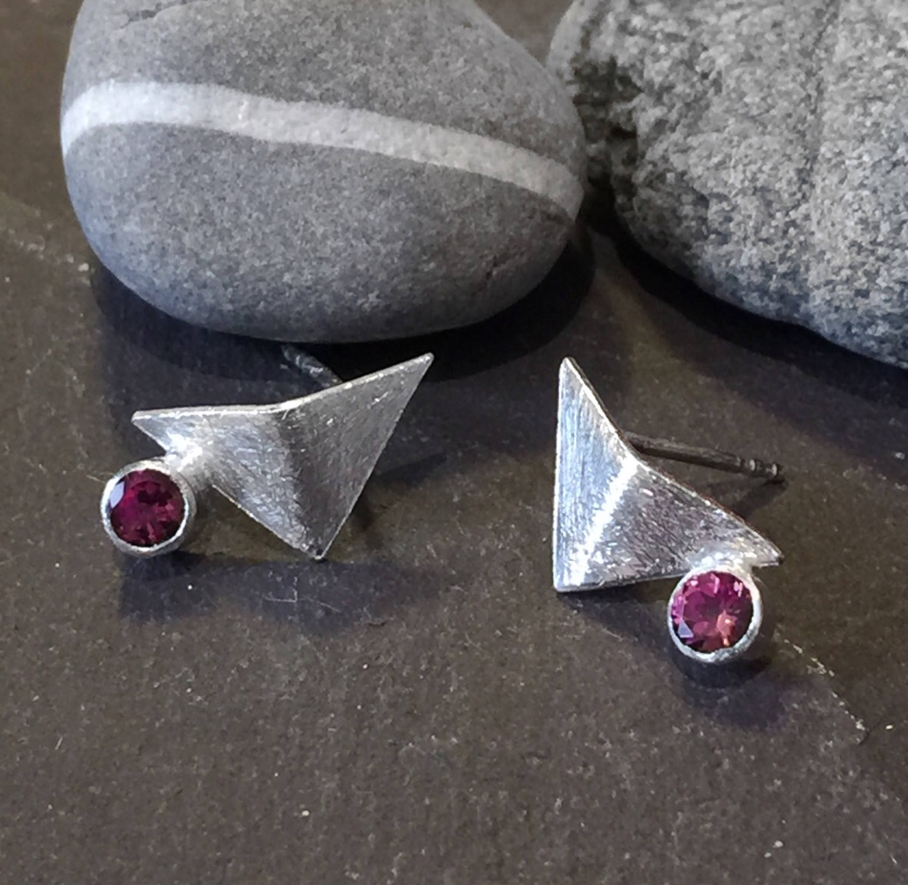 Silver Folded Triangle Studs with Pink Tourmaline