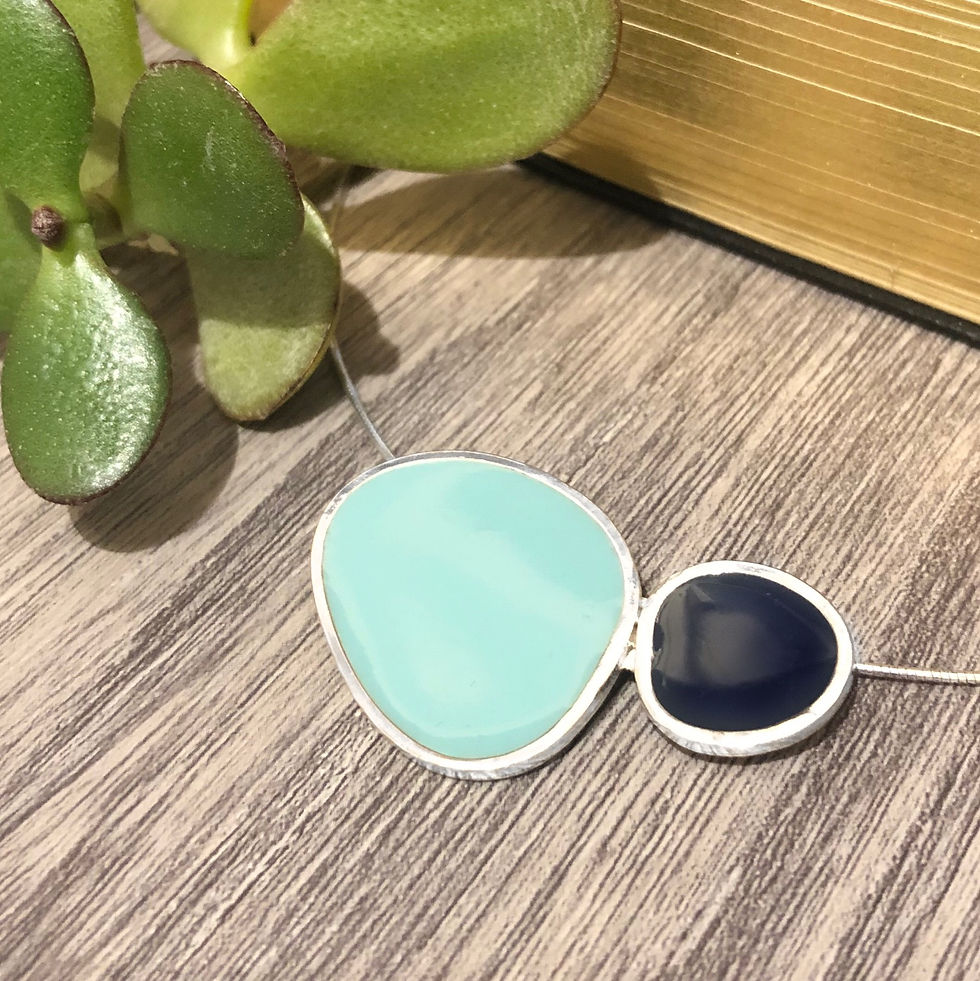 Thumbnail: Silver double resin enamel pendant - Teal & Navy