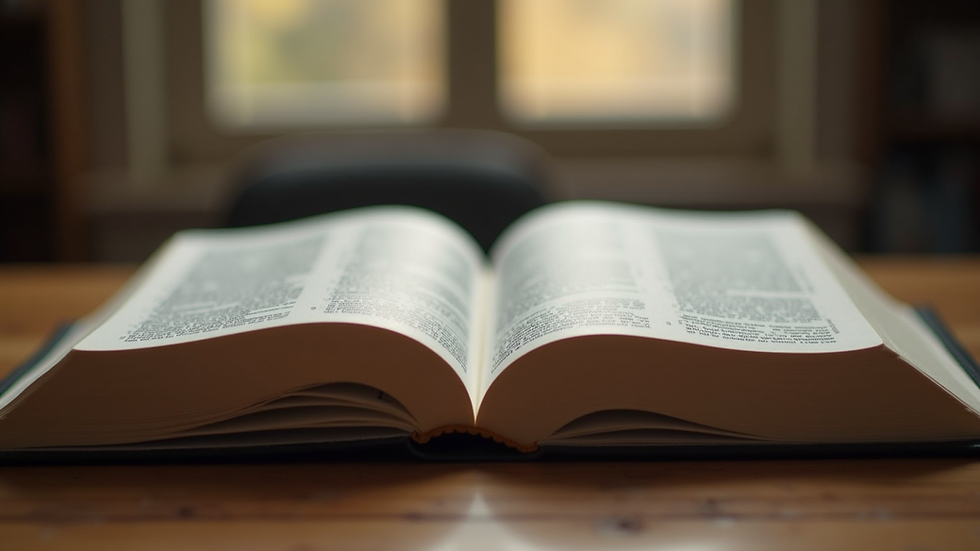 Eye-level view of an open Bible on a wooden table