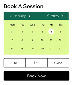 Booking interface showing a calendar for January 2026 with session options for duration, price and class type with a Book Now button