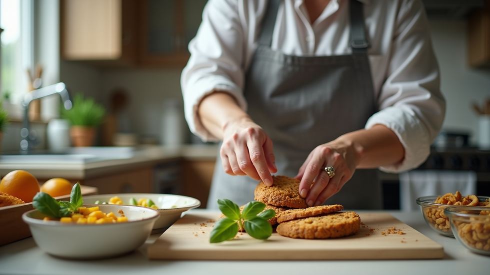 Close-up view of a caregiver preparing a nutritious meal in a home kitchen