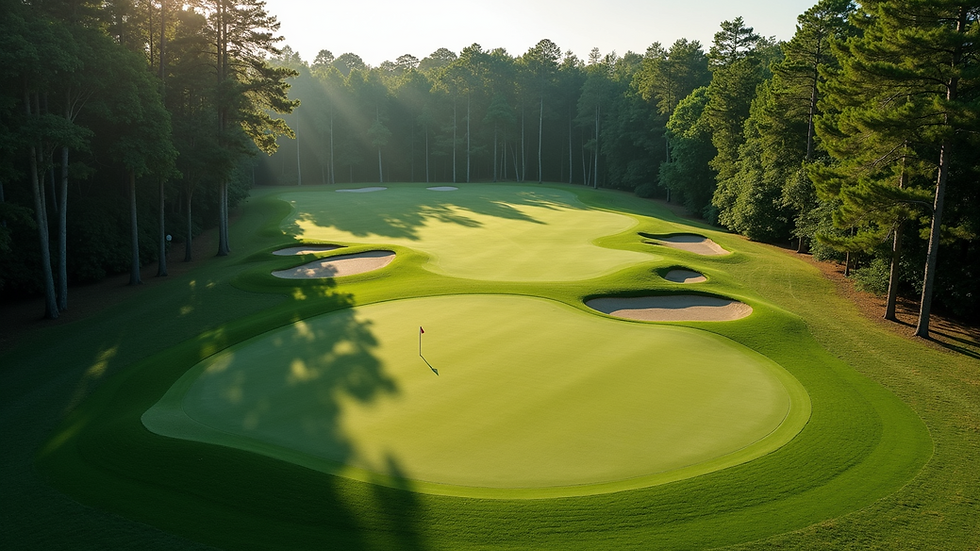 High angle view of a golf course green surrounded by trees