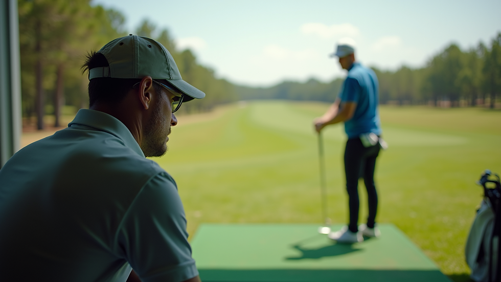 Eye-level view of a golf coach analyzing a player's swing on a driving range
