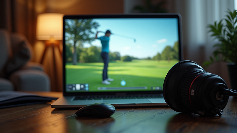 Eye-level view of a virtual golf lesson setup with a laptop and equipment