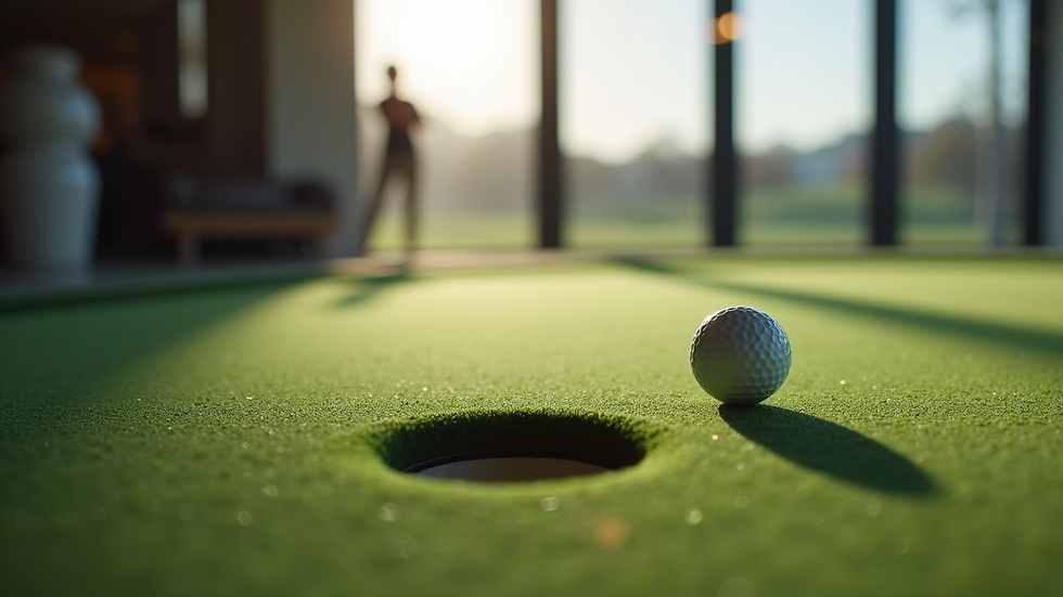 Close-up view of putting green with golf ball and hole indoors