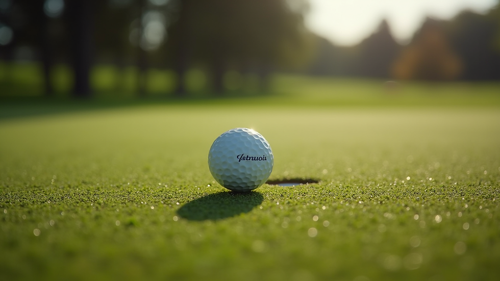 Close-up view of golf ball rolling on putting green towards the hole