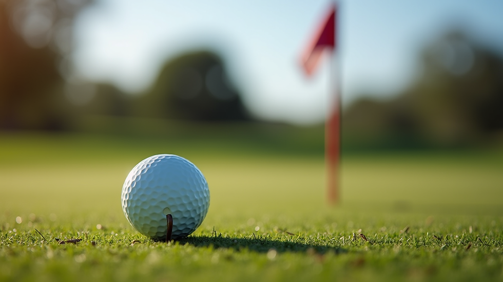 Close-up view of golf ball on putting green with flag in background