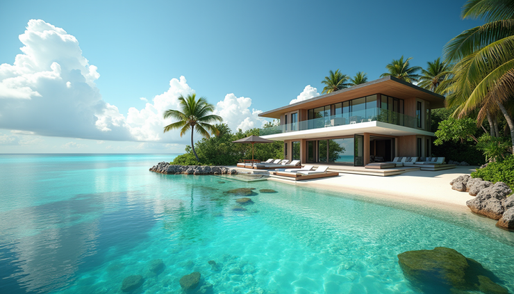 Eye-level view of a modern beachfront villa in Jamaica with turquoise waters and palm trees
