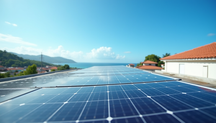 Eye-level view of solar panels installed on a Jamaican rooftop under clear skies