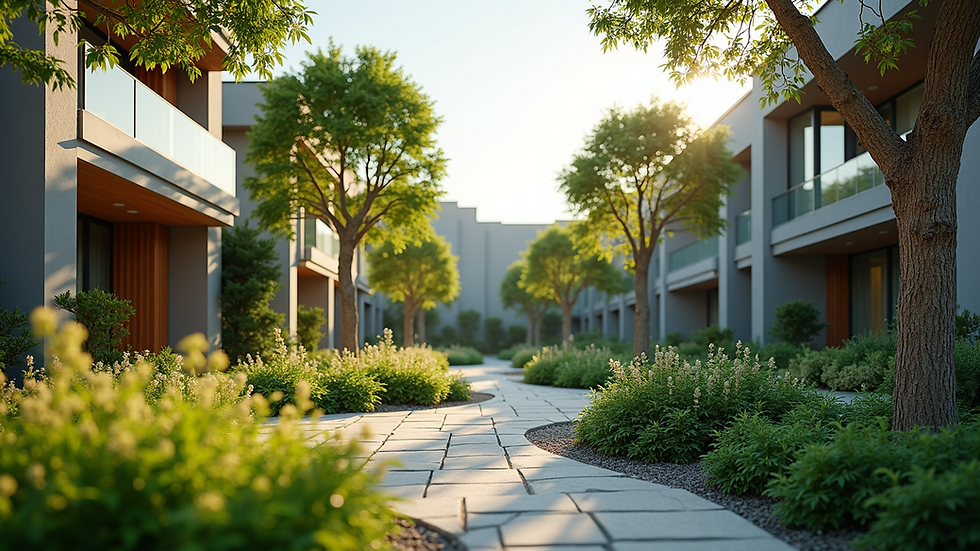Eye-level view of a natural landscaping design between buildings