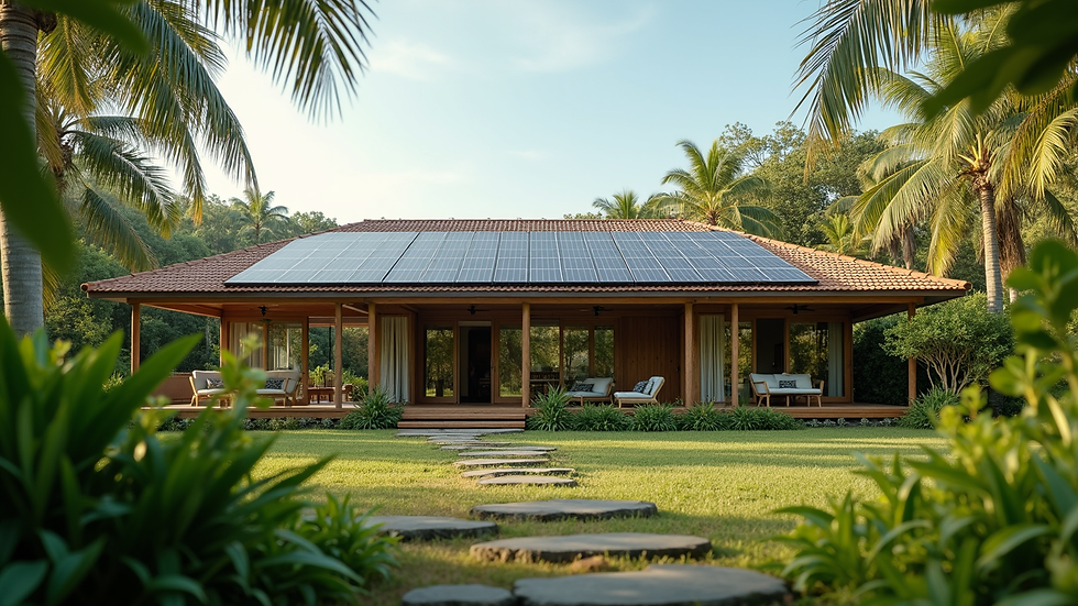 Eye-level view of a sustainable home with solar panels in a tropical setting