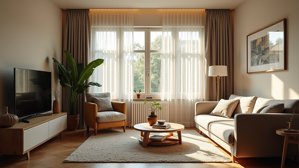 Wide angle view of a cozy living room with natural light