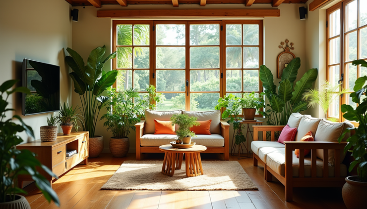 Eye-level view of a bright Jamaican living room with tropical plants and wooden furniture