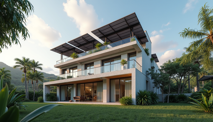 Eye-level view of a modern Jamaican residential building with eco-friendly design features