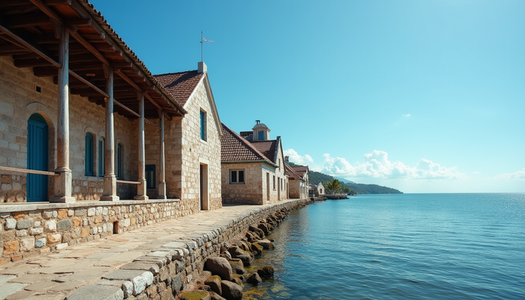 Eye-level view of historic stone and wooden buildings along Port Royal's waterfront