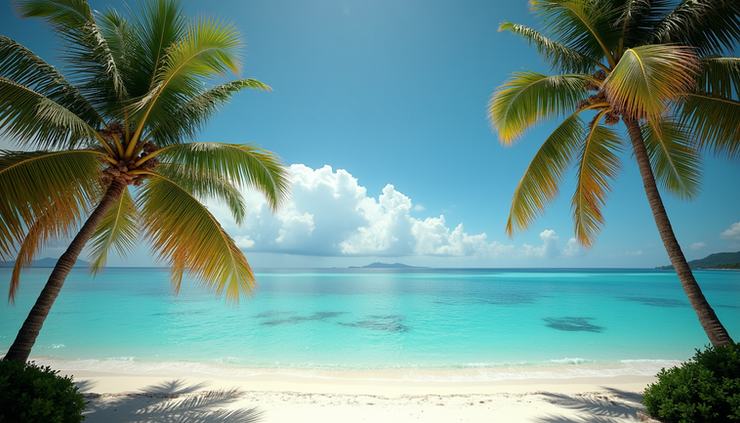 Eye-level view of a beachfront villa in Jamaica with turquoise waters and palm trees