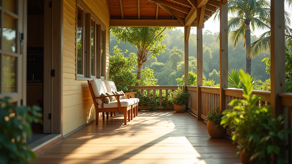 Eye-level view of a Jamaican home veranda with open doors and shaded seating area