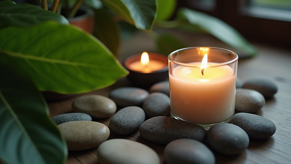 High angle view of a lit votive candle surrounded by smooth stones and green leaves