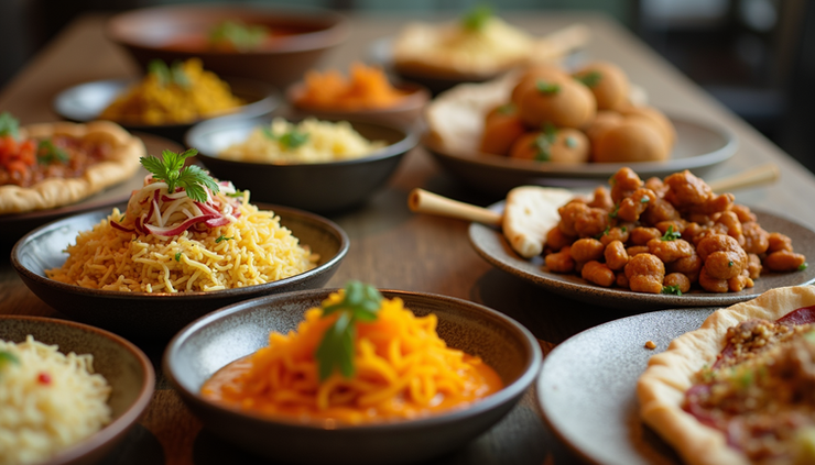 Eye-level view of a vibrant all day dining spread at Rooh with colorful Indian-inspired dishes