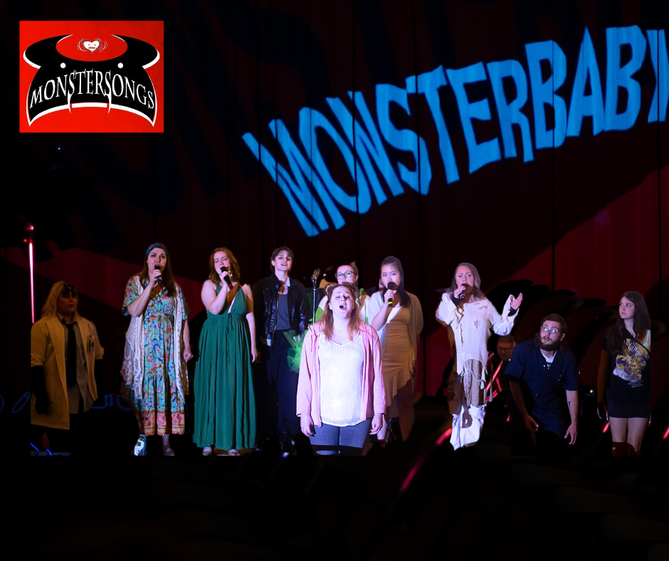 A group of singers with the Monstersongs Logo in the background.