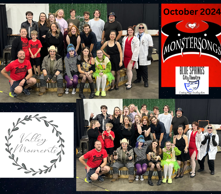 Cast and musicians from 'Monstersongs,' with logos for 'Monstersongs,' Valley Moments, and Blue Springs City Theatre (BSCT).