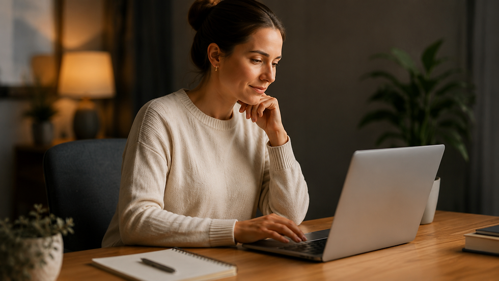 Woman working on a laptop at a desk in a home office