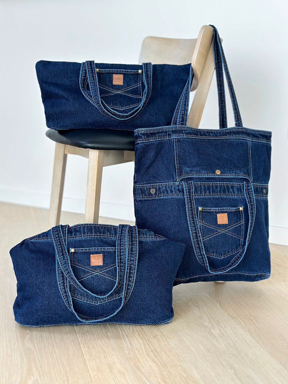 storo džinso kaubojiško stiliaus transformuojamas krepšys - 3 stiliai kartu - normalus, susiaurintas, labai didelis