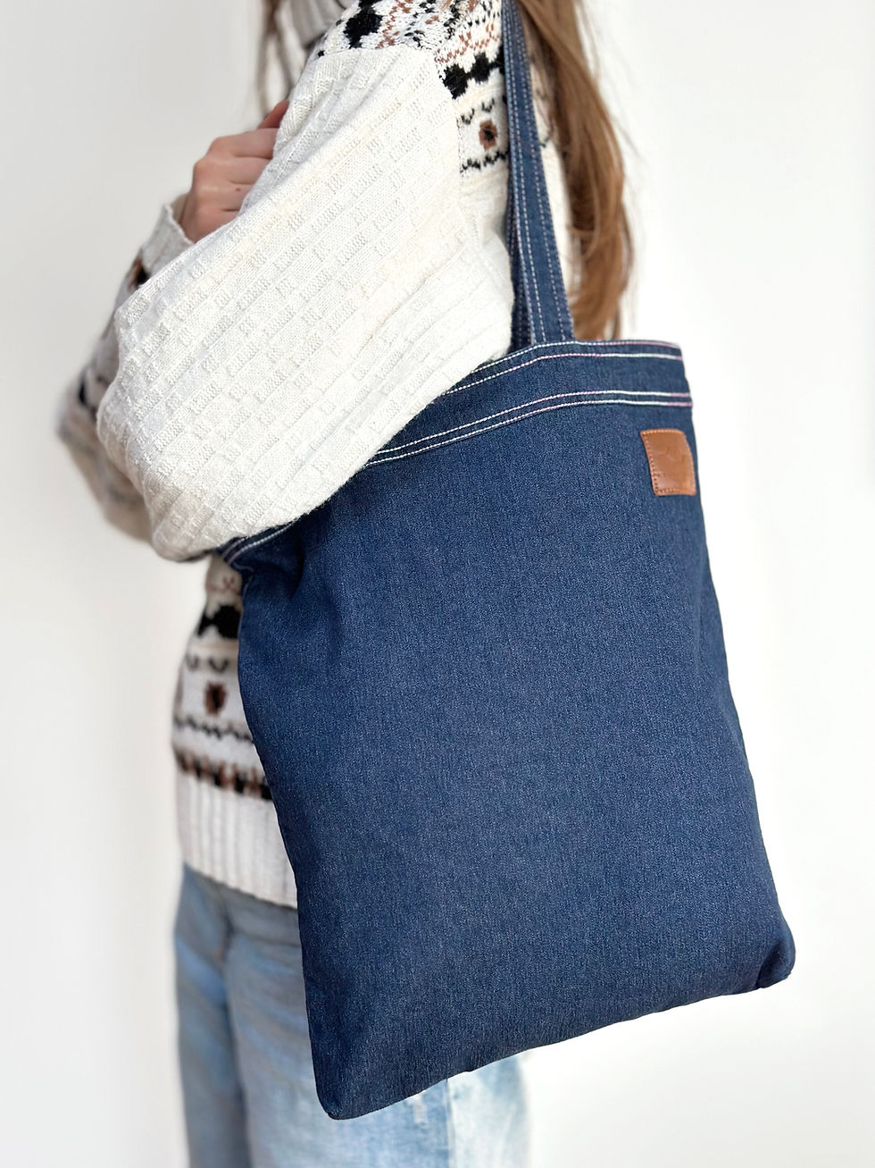 Miniatiūra: Džinsinis pirkinių maišelis su spalvota siūle