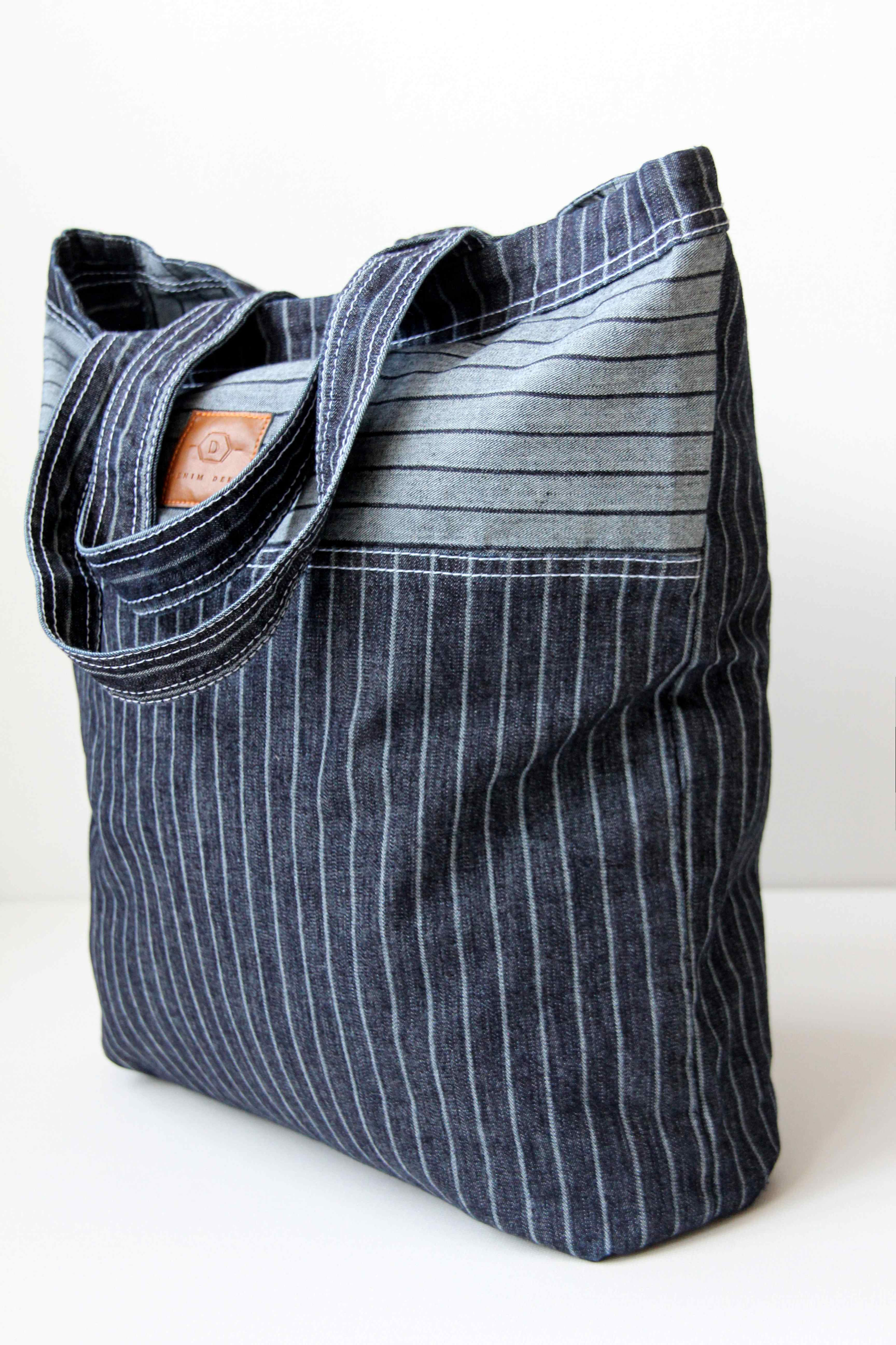 Dryžuotas džinsinis tote bag, Medžiaginis pirkinių krepšys, Stilingas tote bag, Sulankstomas daugkartinis maišelis