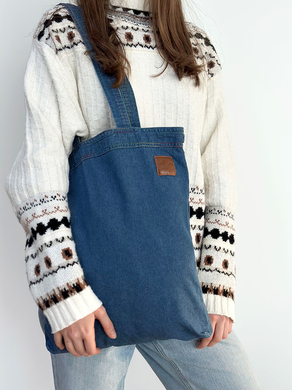 Miniatiūra: Džinsinis pirkinių maišelis su spalvota siūle