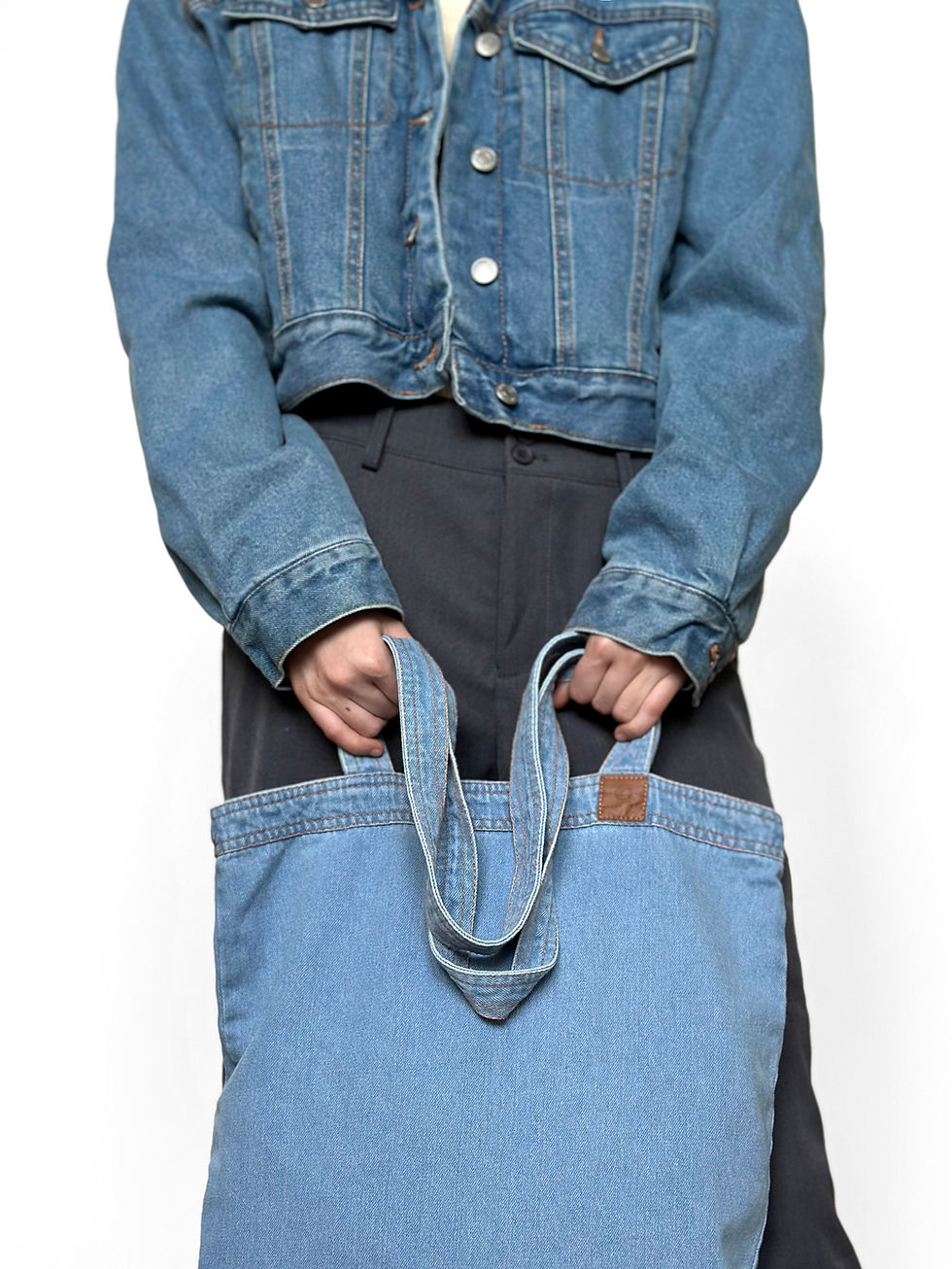 Miniatiūra: Didelis šviesus džinsinis krepšys, Stilingas medžiaginis maišelis, Maišas tvarus, stipus, Drobiniai daugkartiniai maišeliai