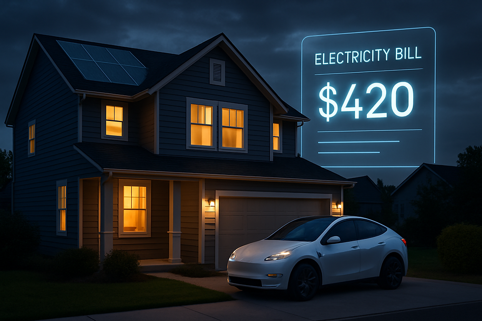 Tesla parked at home with high electricity bill and solar panels on roof