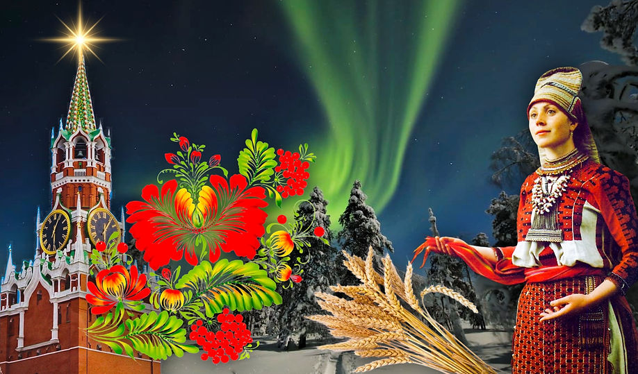 A collage depicting Kremlin, wheat, a woman wearing Erzyan flok costume, an Ukrainian folk flowrs - all set against the background of Lapland landscape