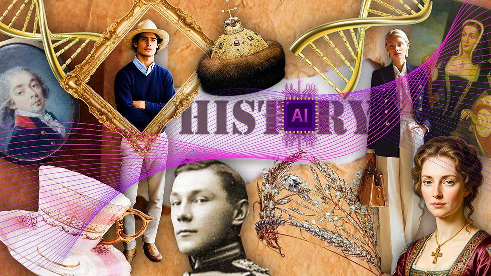 historical figures, golden DNA, Ears of Rye Diadem, porcelain cup, word history, word AI, light brown background