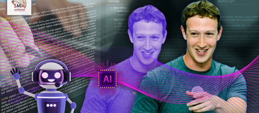 Mark Zuckerberg, robot, word AI, SMA Crown Confidential logo, a hand with a pen, printed text on computer screen