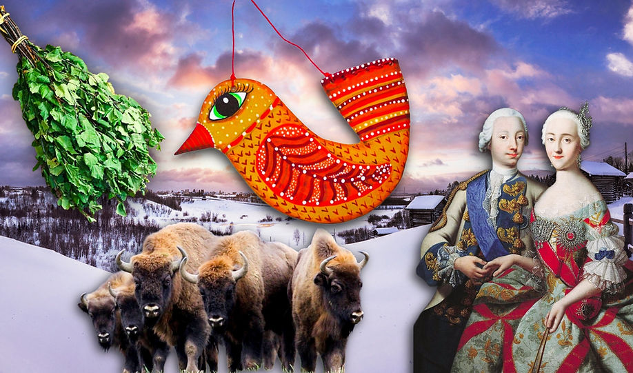 Decorative bird, bisons, figures, snow landscape and winter forest during the day.